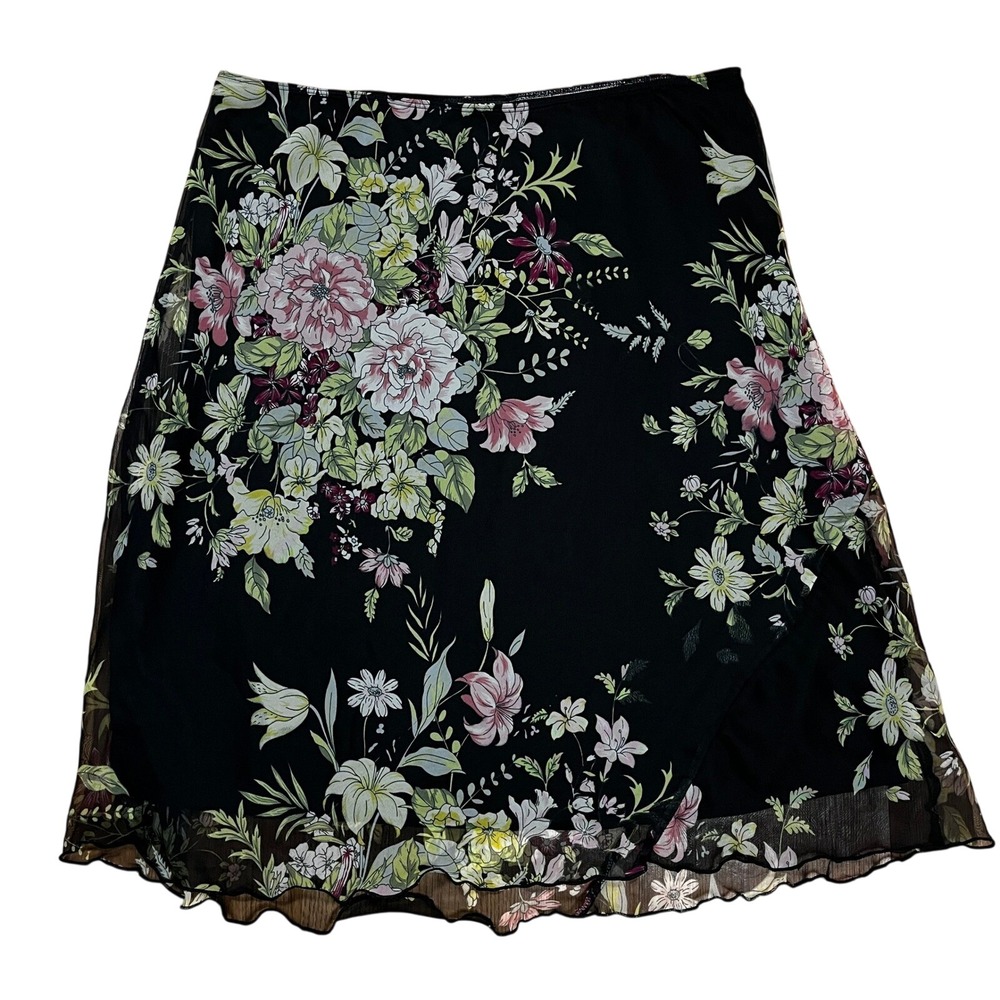 Y2k Vintage Tabloid Dark Floral Whimsical Mesh Skirt 2X Lettuce Hem Fairycore